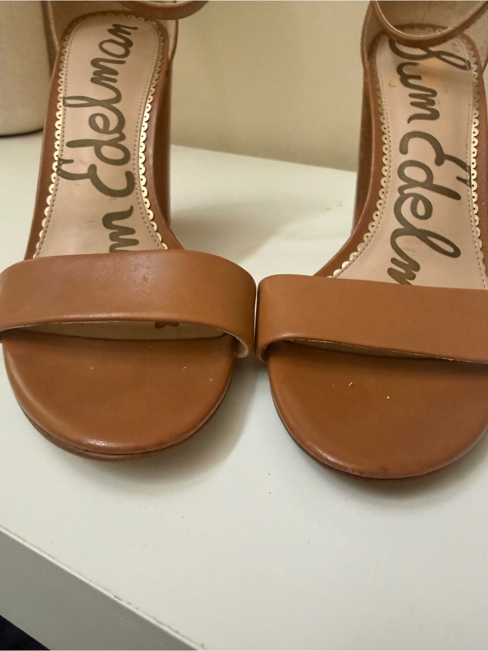 Sam Edelman Yaro Block Heel Size 7.5 Brown Camel Gold Chunky Ankle Strap Leather - Picture 9 of 9